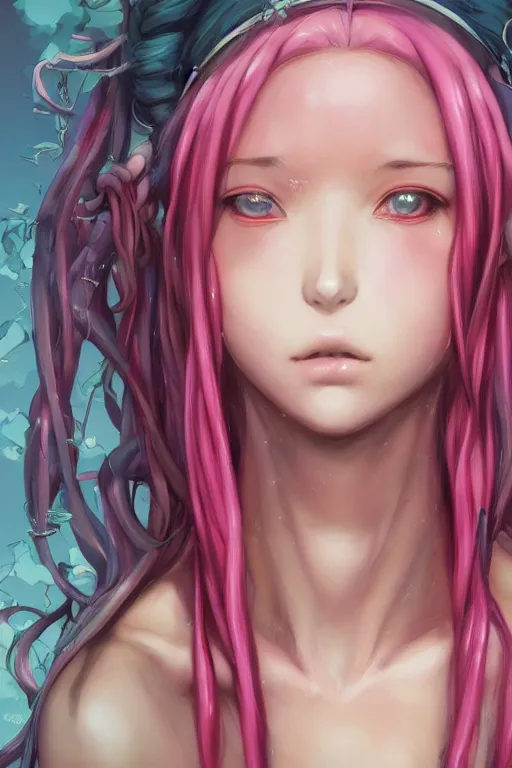 Image similar to portrait of an anime manga girl with pink and white snake dreads, straight on portrait, by artgerm, james jean, tom bagshaw, gerald brom, vaporwave colors, lofi colors, vaporwave, lofi, goth vibe, 4 k, smooth, hd, substance designer render, full body character concept art, symmetrical,