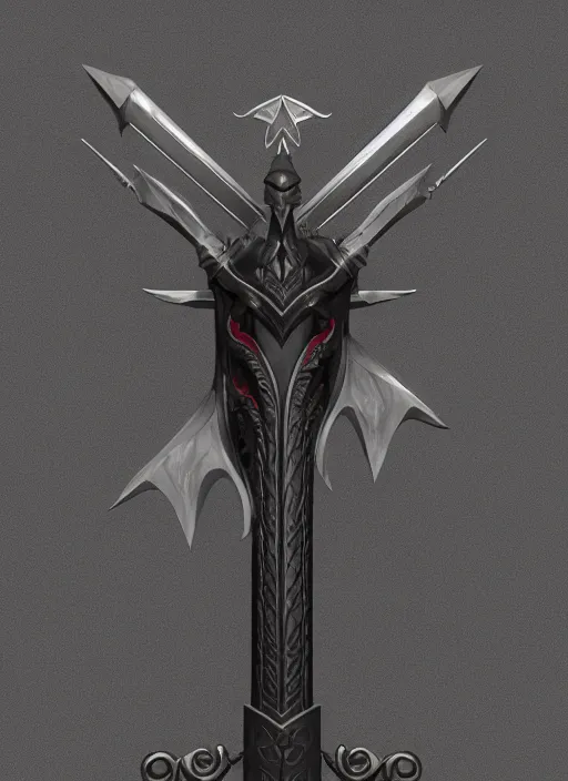 Image similar to a black great sword skull crest, orthographic, ornament, weapon, a 3 d render by dom qwek, front side full, trending on polycount, artstation, hard surface modeling, rendered in maya, zbrush, blender, hd, vray, berserk, symmetry