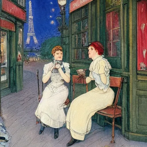 Prompt: two young edwardian women sit outside a cafe in paris at night, the moon is in the sky, the eiffel tower is visible in the background, in the style of carl larsson