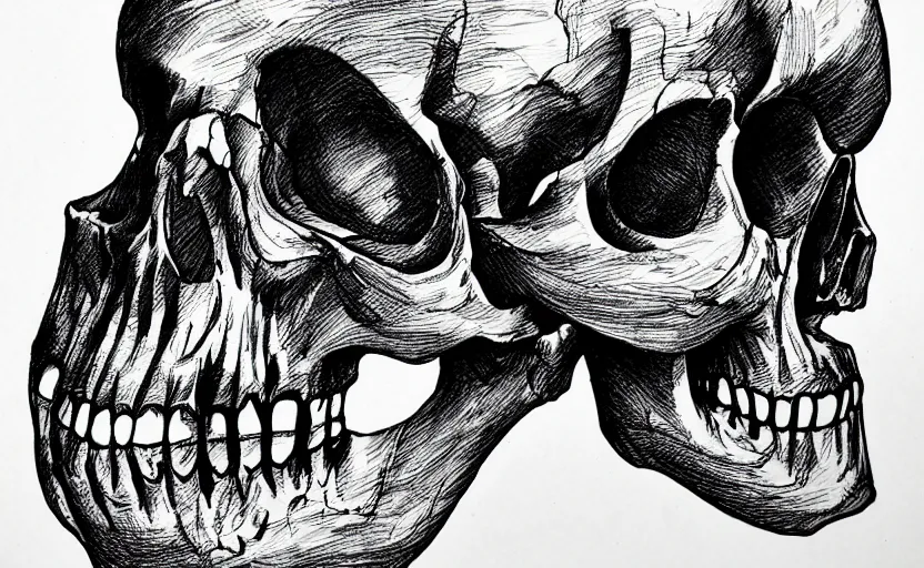 Prompt: a Skull mutatibg and distorting into unnatural shapes, ink on paper, crosshatch shading