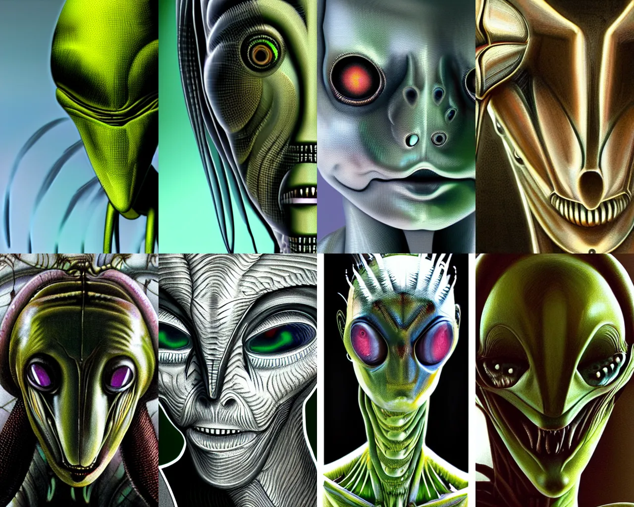 Prompt: alien in the form of mantis, full head, closeup, hyper realistic, photo, surreal material, giger style, front symetrical