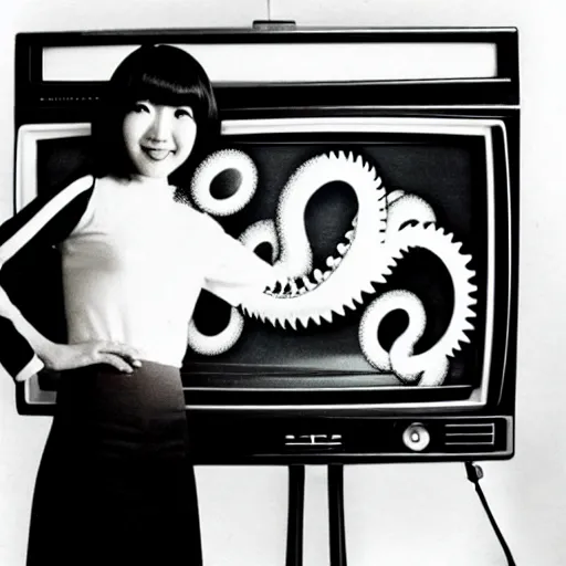 Image similar to japanese 70s black and White TV show, Photorealistic, tentacles coming out of a vintage TV set