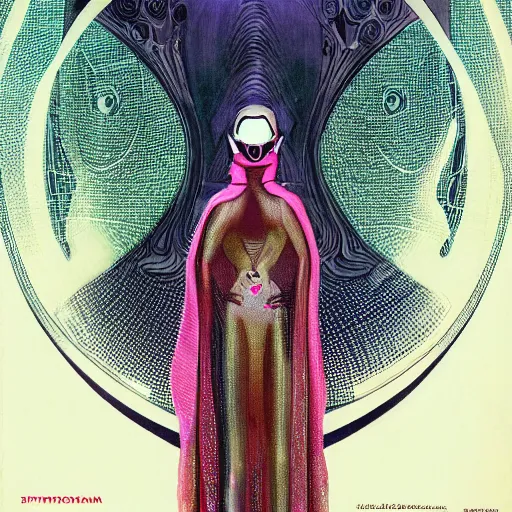 Image similar to beautiful portrait of the mysterious masked figure, futuristic, vogue cover, vogue poses, beautiful ornamental silk cape, intricate, highly detailed, masterful, fantasy world, sci fi world, in the style of moebius, akira toriyama, jean giraud, 8 k