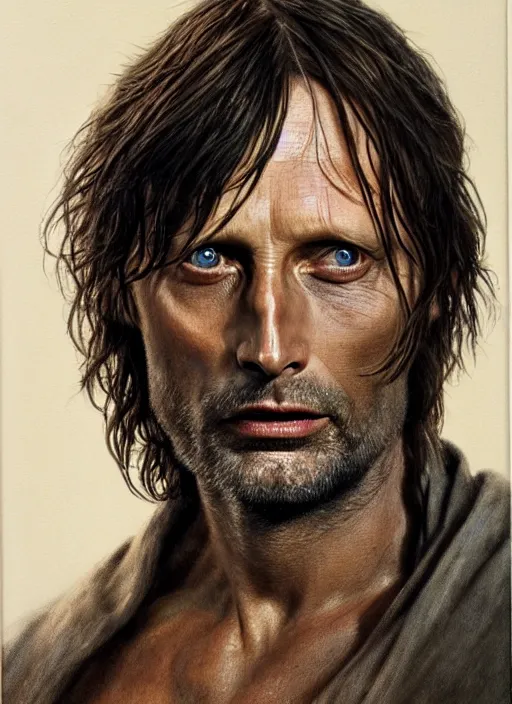 Image similar to Mads Mikkelsen as Aragorn by Alan Lee, golden hour, concept art, detailed clothing, art station, oil painting