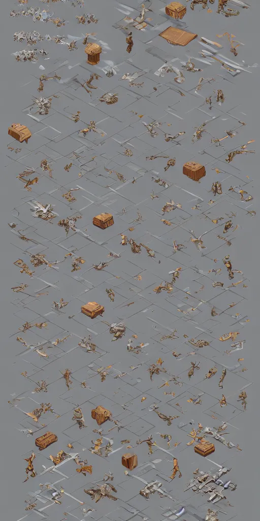 Prompt: sprite sheet, several different symmetrical 3 d rendered isometric wood game pieces, realistic, engraved, mecha warriors, handpainted, tabletop game props, full page grid sprite sheet, game assets, asset sheet, sprite sheet, in the style of artgerm, andreas rocha, atey ghailan, arkhip kuindzhi