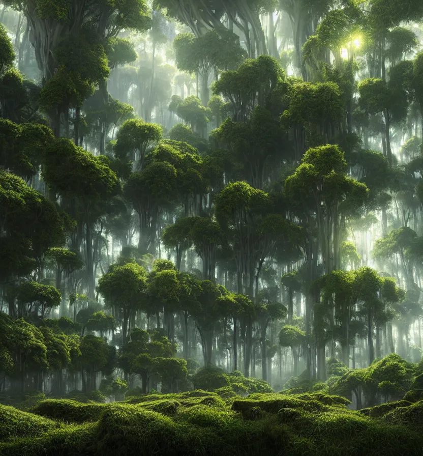 Prompt: environment of multiple detailed complex fractal architecture structures in a vast forest landscape, by glenn small, by albert bierstadt photorealism, hyper realism, octane render, unreal engine, volumetric light, depth of field, volumetric clouds, god rays, lens flares, detailed, intricate, twin motion, megascan, high resolution, realistic render