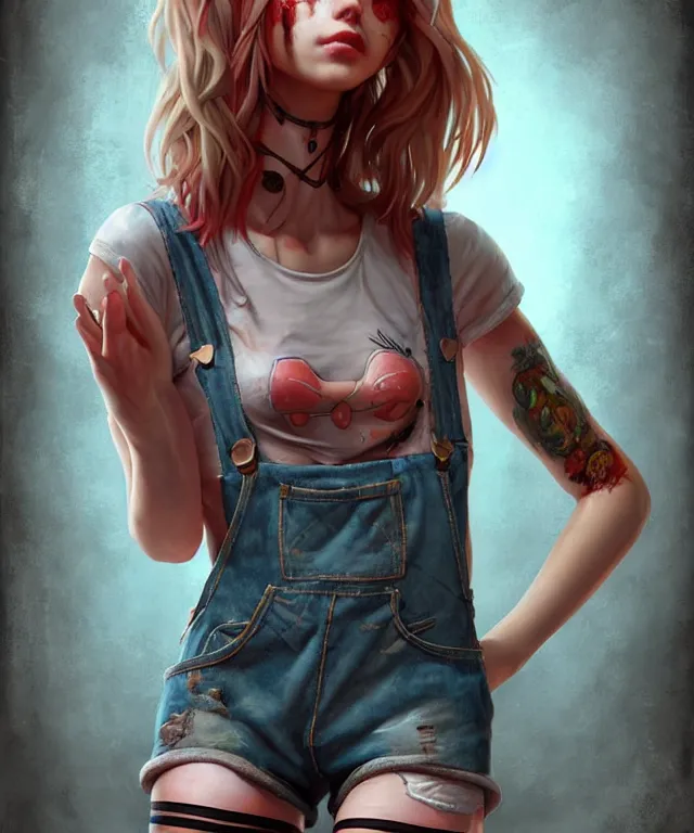 Image similar to full body pose, grungy alice, torn overalls, short shorts, combat boots, fishnets, beautiful, highly detailed face, true anatomy!, extremely detailed!, digital painting, unreal engine 5, art by tom bagshaw