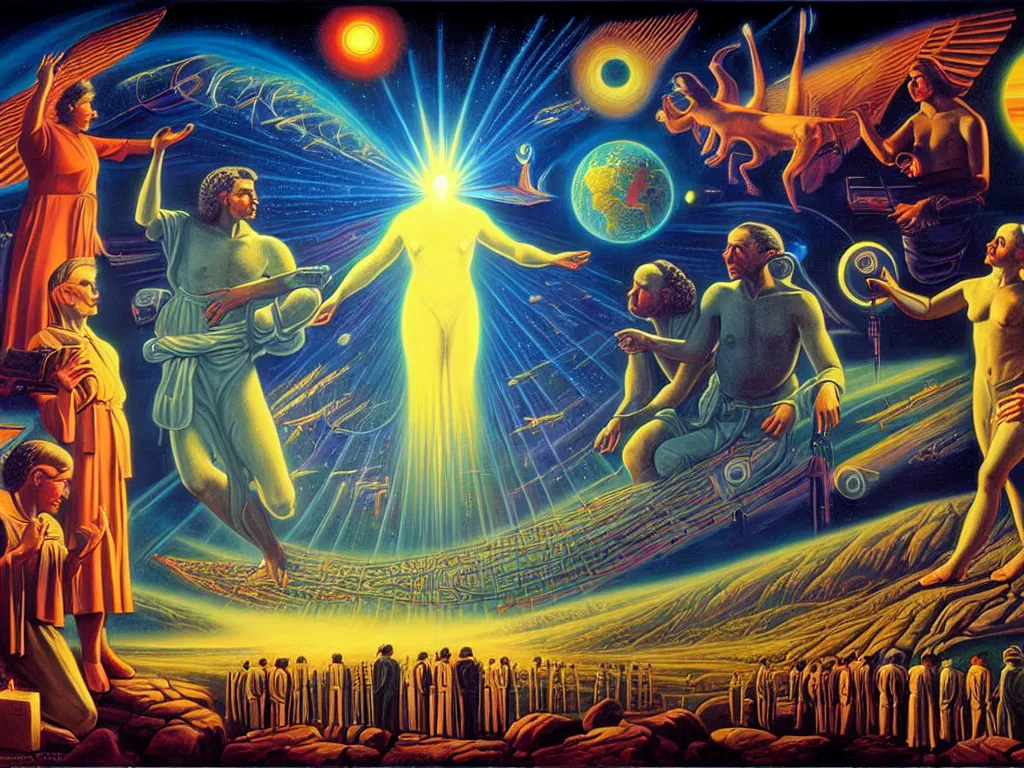 Image similar to a beautiful future for human evolution, spiritual science, holy divinity, utopian, by david a. hardy, wpa, public works mural, socialist