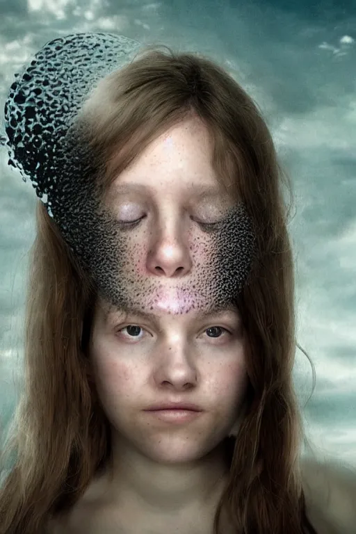 Image similar to portrait of a girl merge with parasite monster that mind control and lay eggs, still shot from movie