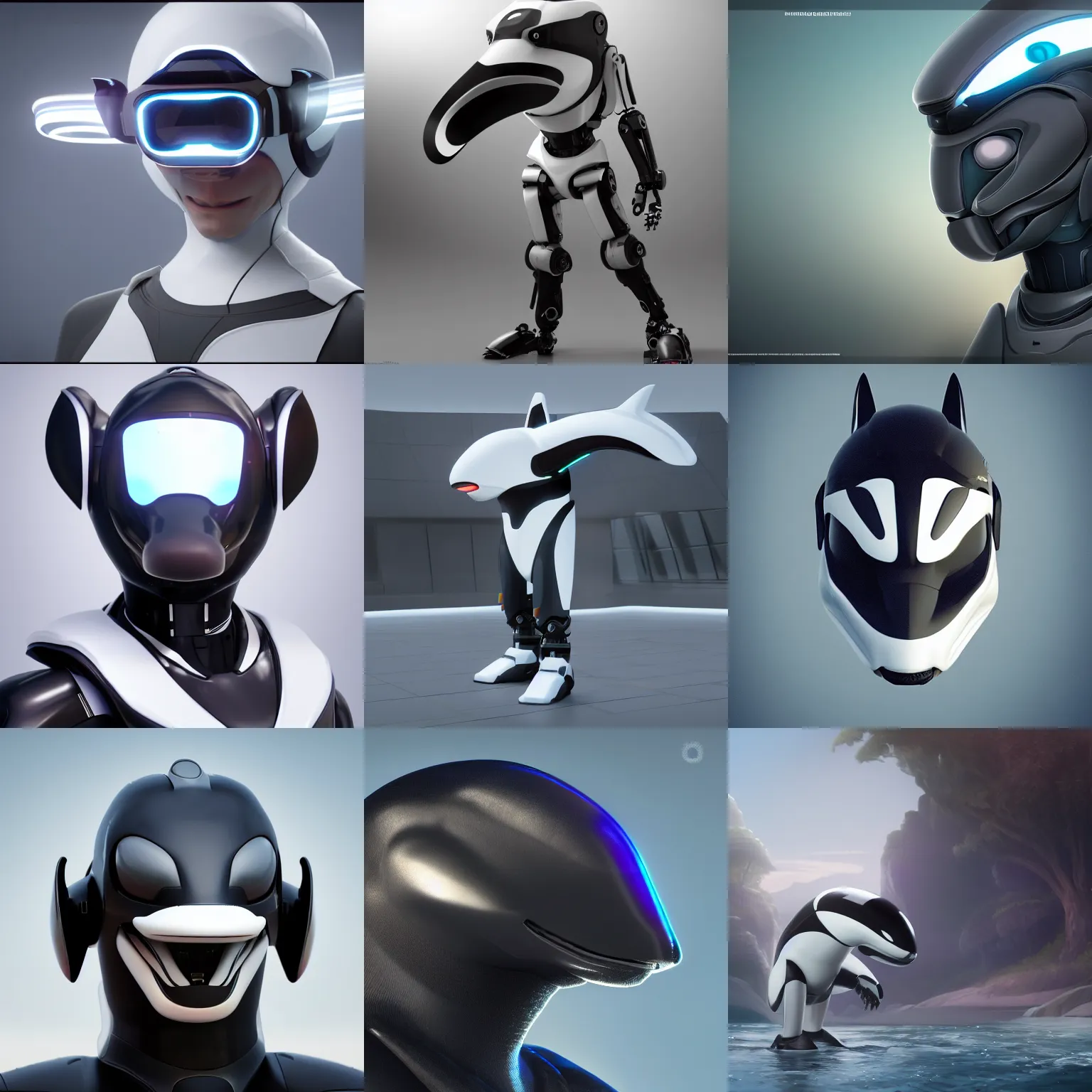 Image similar to male robotic anthro orca, visor screen for face, snout under visor, commission on furaffinity, cgsociety, octane render