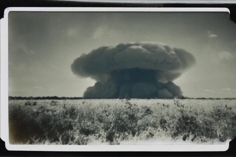 Image similar to old polaroid of a nuclear explosion in the louisiana swamps, people screaming