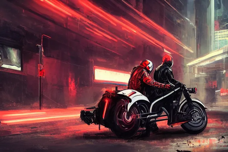 Image similar to man sitting on parked motorcycle. red black white leather jacket cyberpunk helmet. Black motorcycle orange emissive glowing wide angle shot long distance Bladerunner 2049 Wadim Kashin Wenjun Lin beautiful cyberpunk city night time