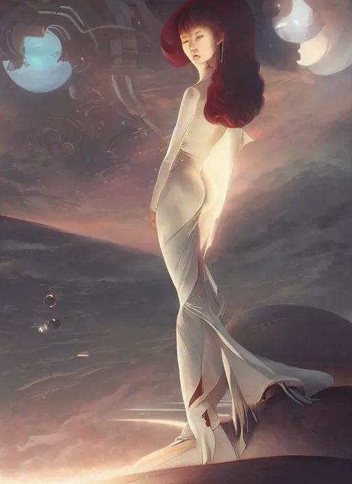 Image similar to beautiful Japanese female teen in sumptuous futuristic slim dress, scifi spacetation, unrealistic, unreal engine, by Peter mohrbacher and Boris Vallejo