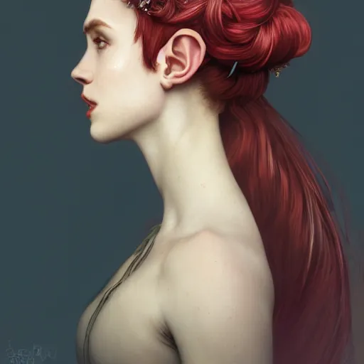 Prompt: side portrait of very beautiful elf, black flower crown, hair over face, headshot, looking up, hyper realistic, pale skin, bright red hair, 4k, rule of thirds, extreme detail, detailed drawing, trending artstation, hd, fantasy, D&D, realistic lighting, by Alphonse Mucha, Greg Rutkowski, sharp focus, backlit, elegant