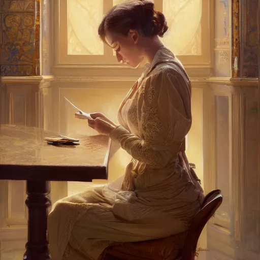 Prompt: peacefully reading her last letter, artstation, concept art, donato giancola, Joseph Christian Leyendecker, WLOP, Boris Vallejo, Breathtaking, 8k resolution, extremely detailed, beautiful, establishing shot, artistic, hyperrealistic, octane render, cinematic lighting, dramatic lighting, masterpiece, light brazen, extremely detailed and beautiful face