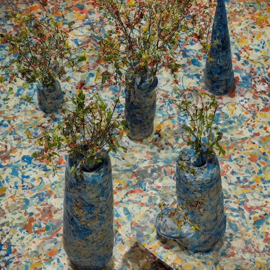 Prompt: beautiful ceramics studio photograph of a tall angular stoneware vase glazed by jackson pollock placed on a tablecloth on a wooden table, hyperrealism 8 k trending on artstation