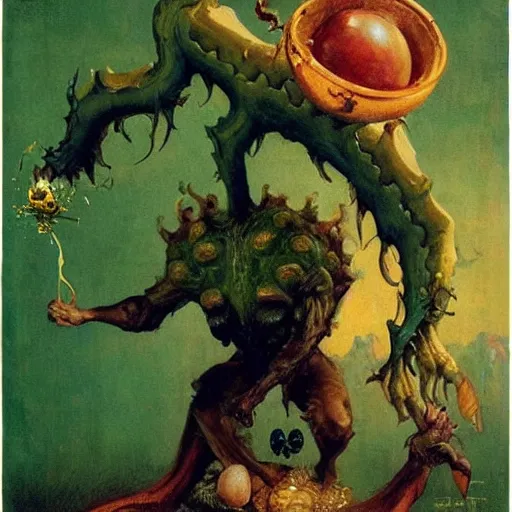 Prompt: !dream demonic helminth man wearing green shirt brandishing an golden egg guillem h. pongiluppi norman rockwell