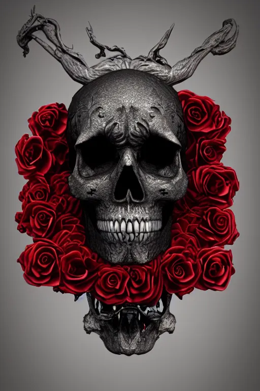 Image similar to skull made of red roses, organic horror, devil, death, giger, epic, baroque, art nouveau, james jean, photorealistic render, 3 ds max + v - ray, extremely detailed and intricate, center composition, elegant, vfx, unreal engine 5, octane render, extremely contrast, extremely sharp lines