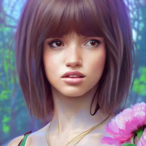 Image similar to ultra realistic illustration, bella thorne as dora the explorer anime, intricate, elegant, highly detailed, digital painting, artstation, concept art, smooth, sharp focus, illustration, art by artgerm and greg rutkowski and alphonse mucha and wlop