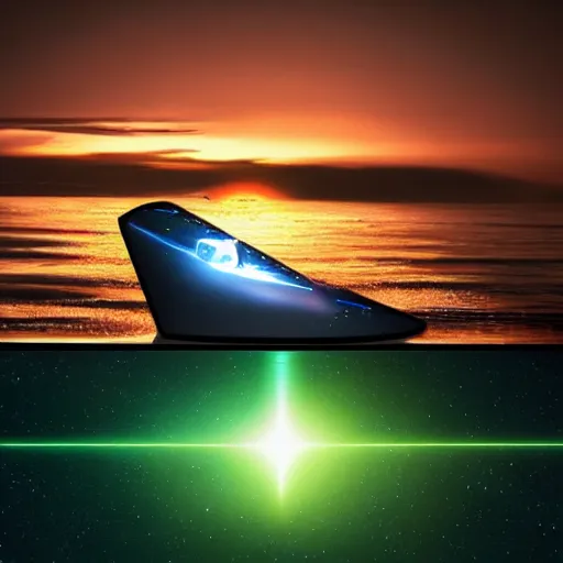 Prompt: Spaceship in the shape of a thinkpad traveling over the sea, lighting its way with a laser beam