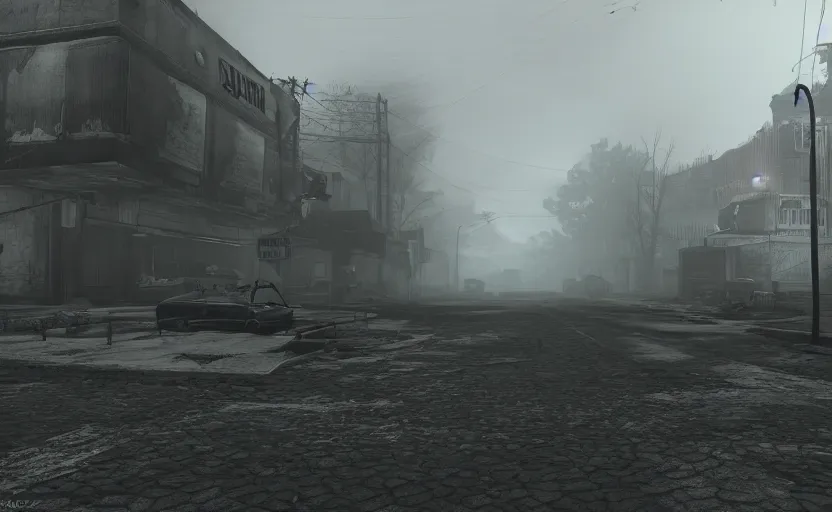 Prompt: an ingame screenshot of fallout, moody, foggy, extra realistic details, hd, octain, artstation