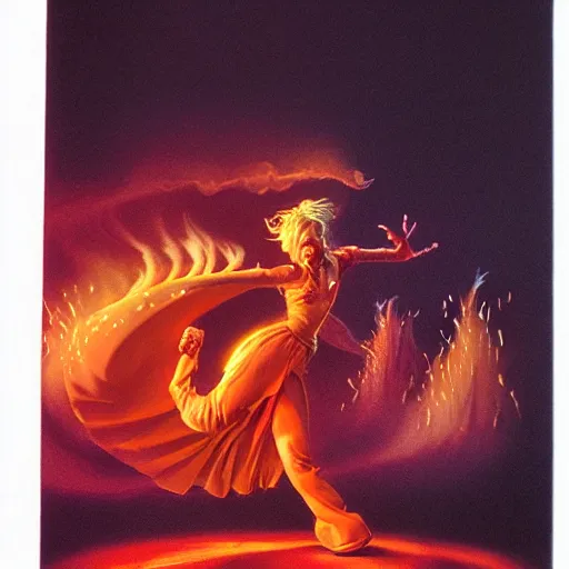 Image similar to fire in the shape of a person dancing, the whispy smoke, fantasy, dnd, illustrated by michael whelan