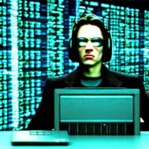 Prompt: prairie dog hacker in a blue-lit room surrounded by computers, still image from movie The Matrix