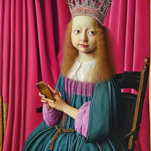 Prompt: beautiful blonde princess in pink dress, hyperrealism oil painting, jan van eyck