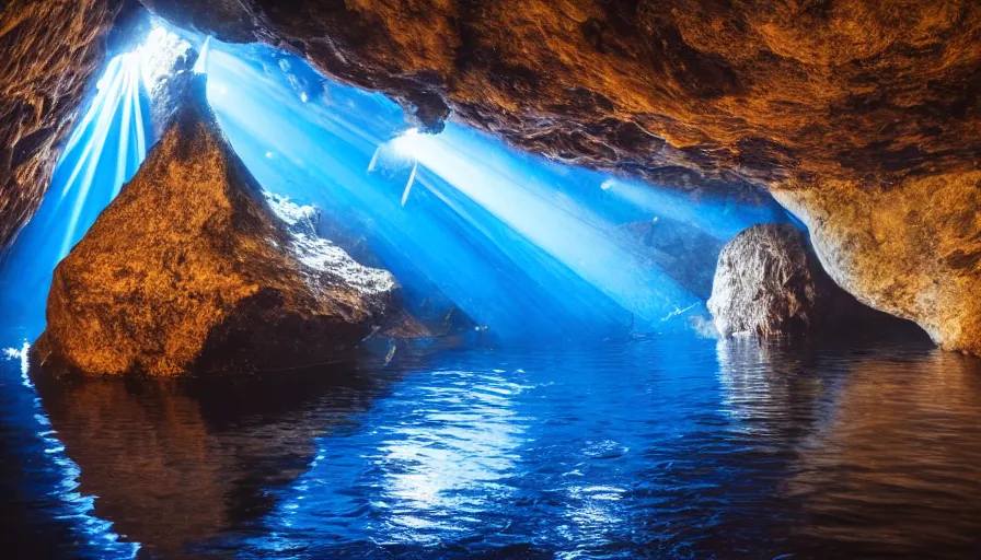 Prompt: Blue cave during the day, blue water, reflections ,god rays, incredible lighting, 4k photography award winning,