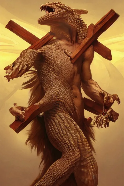 Prompt: fullbody!! dynamic action pose, christ with the head of a scaly cold blooded reptilian lizard holding a holy cross in his claws, intricate, elegant, highly detailed, digital painting, artstation, concept art, smooth, sharp focus, illustration, art by artgerm and greg rutkowski and alphonse mucha