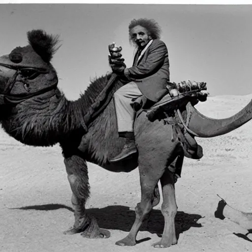 Image similar to einstein riding a camel and eating a hotdog