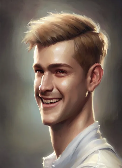 Image similar to a _ fantasy _ style _ portrait _ painting _ of white male short fringe light brown hair short face grinning clean shaven short head, rpg dnd oil _ painting _ unreal _ 5 _ daz. _ rpg _ portrait _ extremely _ detailed _ artgerm _ greg _ rutkowski _ greg