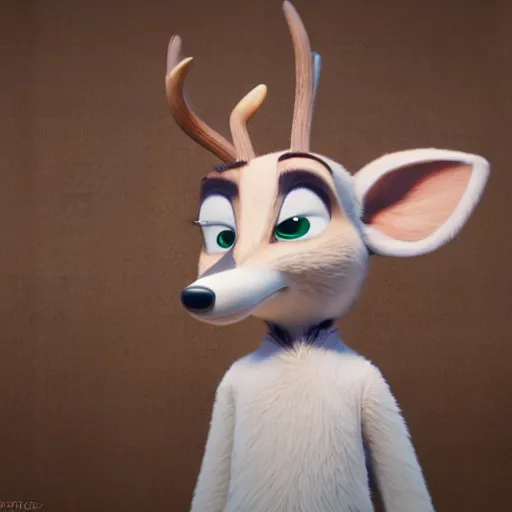 Image similar to portrait, 3 d render, tall little fat, anthropomorphic female deer, wearing along white dress, in the style of zootopia,