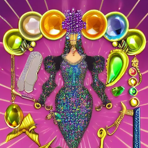 Image similar to !dream A Jewelpunk society would be one of gleaming perfection, where every surface is adorned with sparkling gems and jewelry. The skies would be a rainbow of colors, as light reflecting off of the endless gems creates a spectrum of hues. The people would be impeccably dressed, with each outfit adorned with jewels that match their personality and status. Even the weapons and other tools would be made out of precious metals and gems, adding to the overall air of opulence.