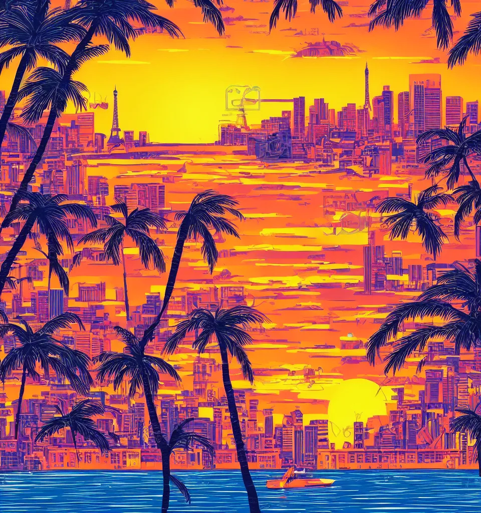 Prompt: gorgeous romantic sunset, cliffside onlooking the beautiful city of paris, warm colors, tropical, in the style of hiroshi nagai, very detailed, tropical, 8 0 s