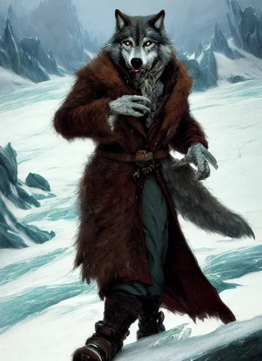 Prompt: an anthropomorphic wolf man wearing a long coat walking across a glacier, hands in pockets, blizzard, character illustration by Aaron Miller, Greg Rutkowski, thomas kinkade, Howard Pyle, disney, El Greco, Cynthia Sheppard