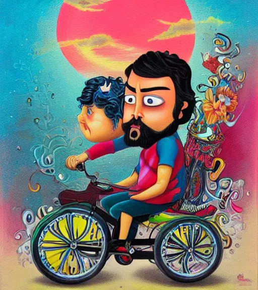 Prompt: Jason Momoa on a tricycle, lowbrow painting by Jeremiah Ketner and Hiroyuki Mitsume-Takahashi and Goro Fujita and Mark Ryden