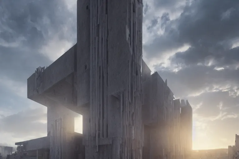 Image similar to extremely detailed cathedral of brutalist architecture, stunning volumetric light, sunset, metal, concrete and translucent material, stunning skies, trending on Artstation, 8k, photorealistic, hyper detailed, unreal engine 5, IMAX quality, cinematic, epic lighting, in the style of Greg Rutkowski