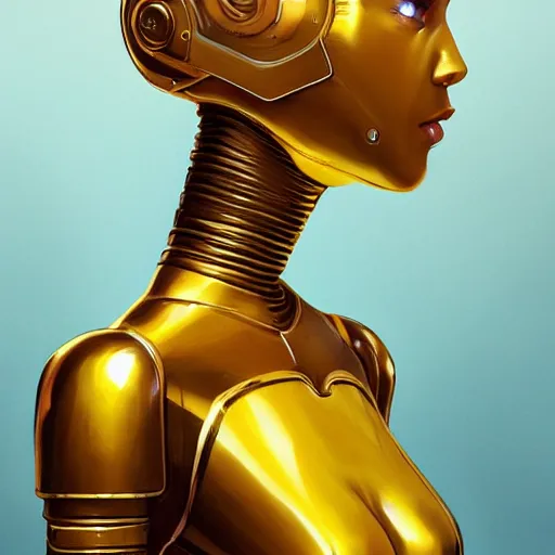 Image similar to A yellow skinned female android with half head shaved revealing metal robot head by Stanley Artgerm Lau, WLOP, Rossdraws, James Jean, Andrei Riabovitchev, Marc Simonetti, and Sakimichan, trending on artstation