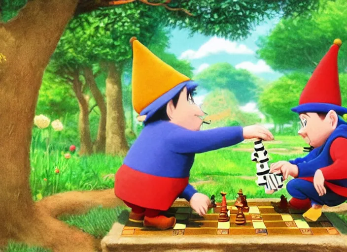 Image similar to two gnomes playing chess in a forest, cute, colourful, detailed, intricate, smooth, fluid, high contrast, high quality, pastel colours, brushed, 4 k, by studio disney and studio ghibli and maurice sendak and richard scarry