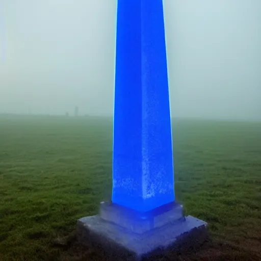 Image similar to magical blue glowing obelisk standing on a plain in the moonshine at night. foggy. eerie.