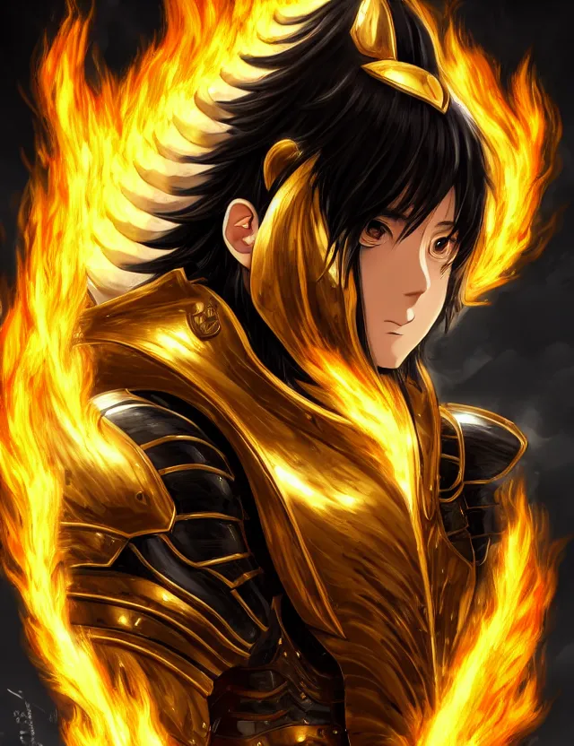 Image similar to a detailed manga portrait of a black haired man with hazel eyes in gleaming golden armour that burns with golden fire, trending on artstation, digital art, 4 k resolution, detailed, high quality, sharp focus, hq artwork, coherent, insane detail, character portrait