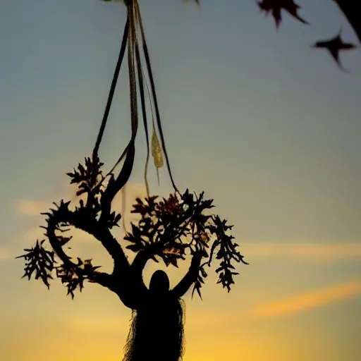 Prompt: stringed puppet hanging from tree, autumn, sunset, creepy atmosphere