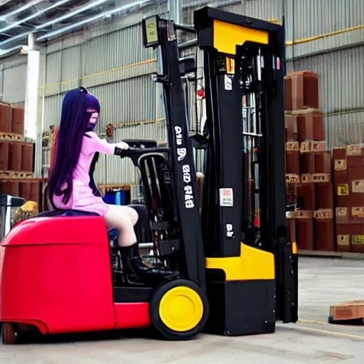 Prompt: a person cosplaying homura akemi operating a forklift