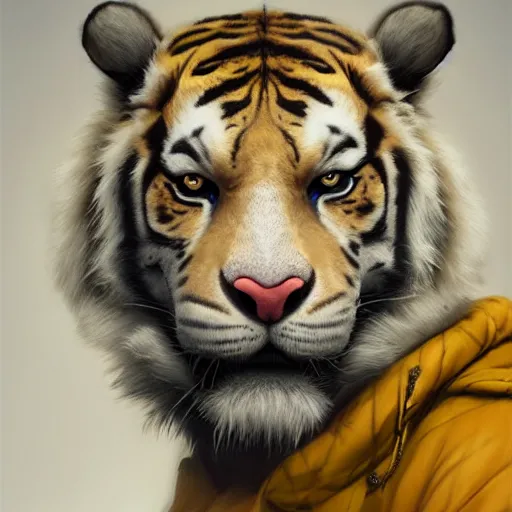 Image similar to a beautfiul award winning aesthetic commission of an antrho albino tiger wearing a yellow-black padded hooded puffer jacket,digital art,art by greg rutkowski,character design by charles bowater,ross tran,photorealistic,detailed face,hyperdetailed,western comic,2021,artstation,deviantart,clean image