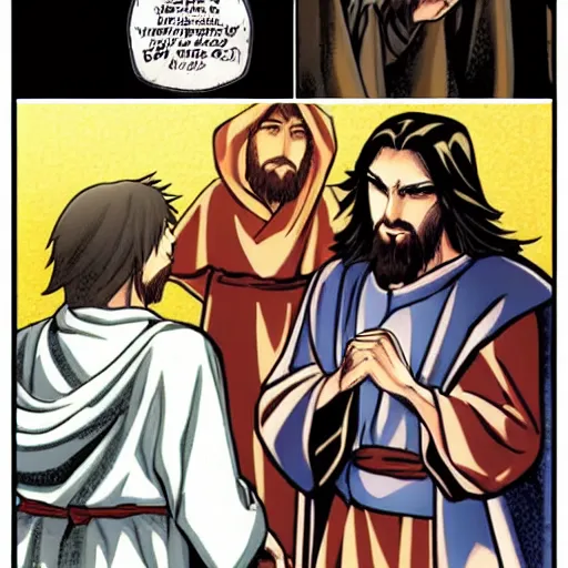 Prompt: Anime Jesus punches Judas comic book manga