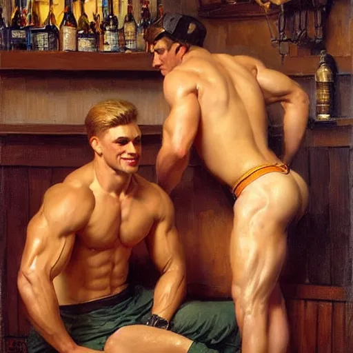 Image similar to attractive muscular male with brunet hair and attractive muscular male with blond hair. pants and shorts, drinking their hearts out, in a pub. very defined and detailed painting by j. c. leyendecker, gaston bussiere, craig mullins 8 k