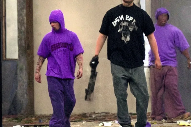 Prompt: medium full shot of leonardo dicaprio as a gang member wearing a purple head covering made from a polyester or nylon material and a stained white tank top caught doing crack inside a detroit gang trap house, arms covered in gang tattoo, paparazzi, leaked footage, uncomfortable, bad quality