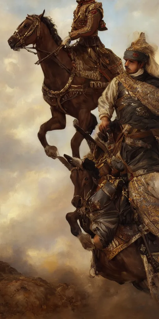 Image similar to Highly detailed and cinematic romantic period oil painting of an Arabian soldier riding a rearing horse, strong atmosphere, oil painting masterpiece by Josep Tapiró Baró, RPG portrait, dynamic lighting, 8K