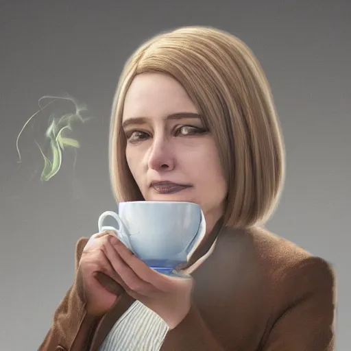 Image similar to stunning award winning hyperrealistic hdr 8 k highly detailed portrait photo of glados drinking tea